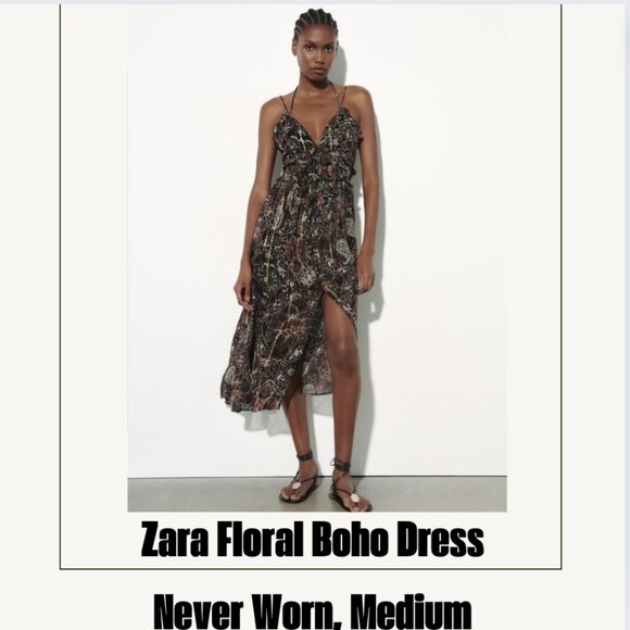 Zara New without tags, Paisley Boho Dress Gold Threading - Picture 1 of 8